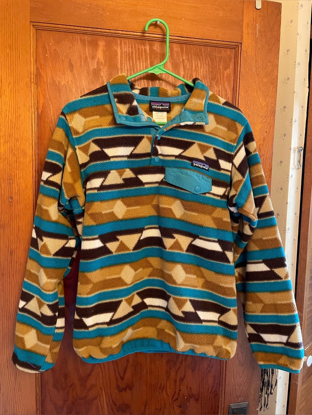 Patagonia Women's Snap-T Pullover in Turquoise and Mustard Stripes - size Small - Picture 2 of 4